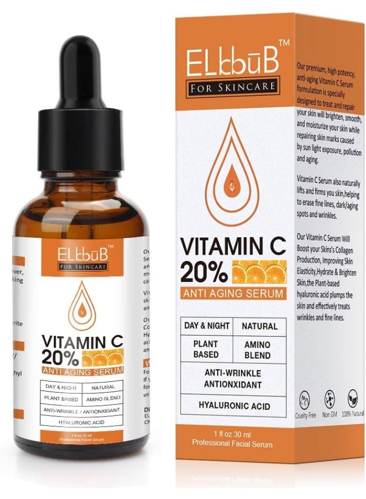 ELBBUB Premium 20% Vitamin C Serum For Face with Hyaluronic Acid, Retinol & Amino Acids - Boost Skin Collagen, Brighten Hydrate & Plump Skin, Anti Aging & Wrinkle Facial Serum - Image 1