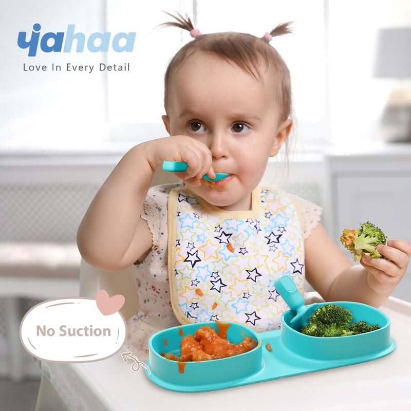 yahaa Silicone Foldable Novelty Dinner Plates,Baby Plates Travel Essential with Forks and Spoons,Microwave & Dishwasher Safe,Aqua - Image 2
