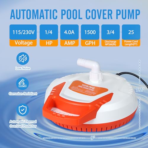 YOKING Automatic Pool Cover Pump, 1/4 HP 1500GPH Swimming Pool Submersible Water Sump Pump, 115/230V with 26ft Power Cord and 2 Adapters Water Removal for Pool, Hot Tub, Pond - Image 3