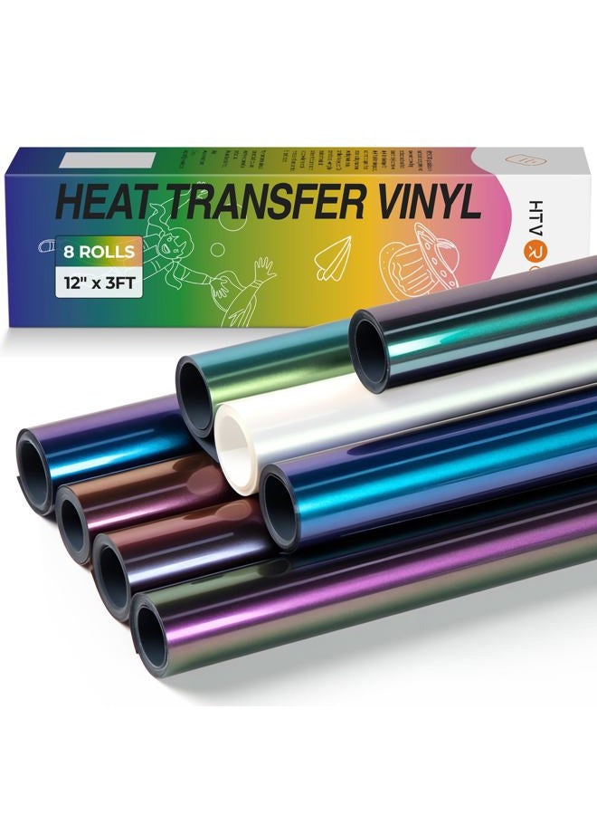 HTVRONT Chameleon HTV Vinyl Bundle - 8 Pack 12" x 3FT Chameleon Heat Transfer Vinyl for T Shirt, Color Changing Iron on Vinyl Roll Compatible with Cricut Cutting Machine - Image 1