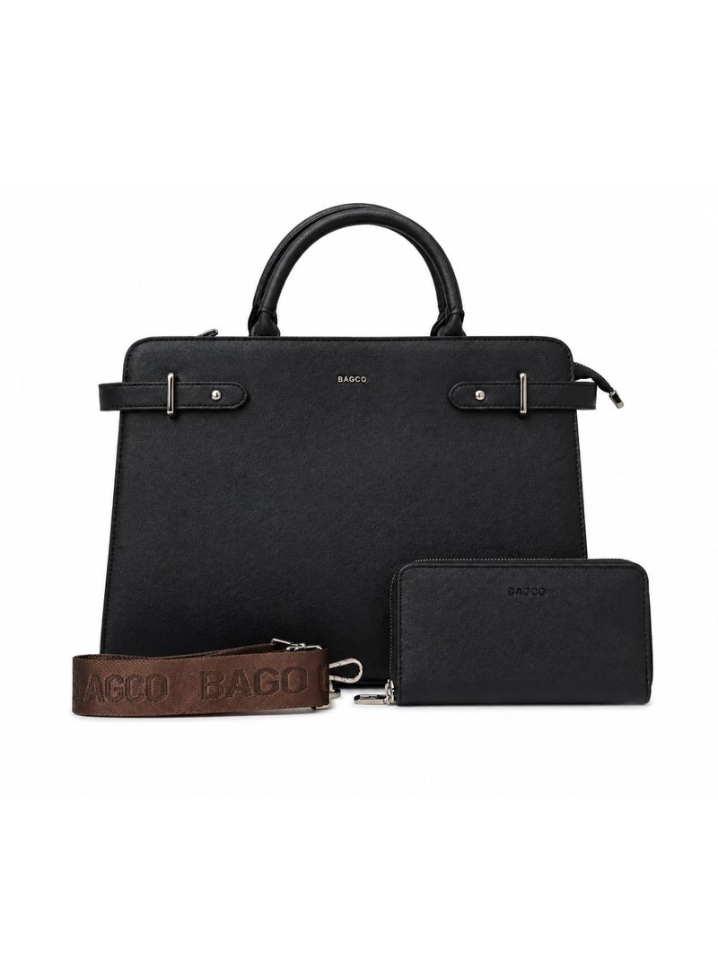 BAGCO Modern Black PU Leather Handbag – Large Capacity Women’s Bag with Wallet & Adjustable Strap - Image 1