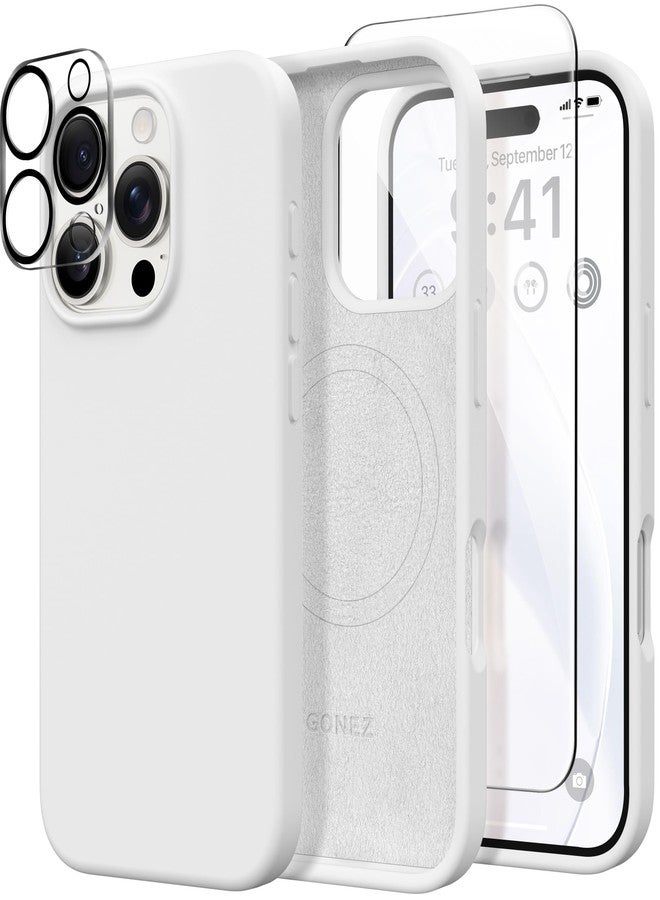 GONEZ Magnetic for iPhone 16 Pro Case, Compatible with MagSafe, [Screen Protector + Camera Lens Protector], Silicone Shockproof Anti-Scratch Protective Phone Case 6.3 inch, White - Image 1
