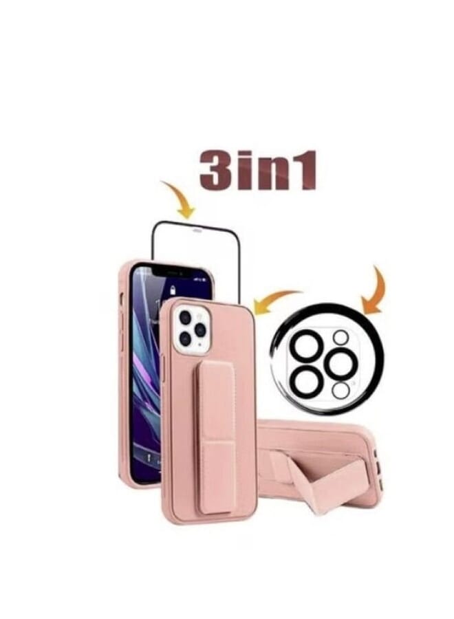 S-TOP 3 in 1 back cover with hand grip 1 screen cover and camera cover for iPhone 13 Pro Max Pink - Image 1
