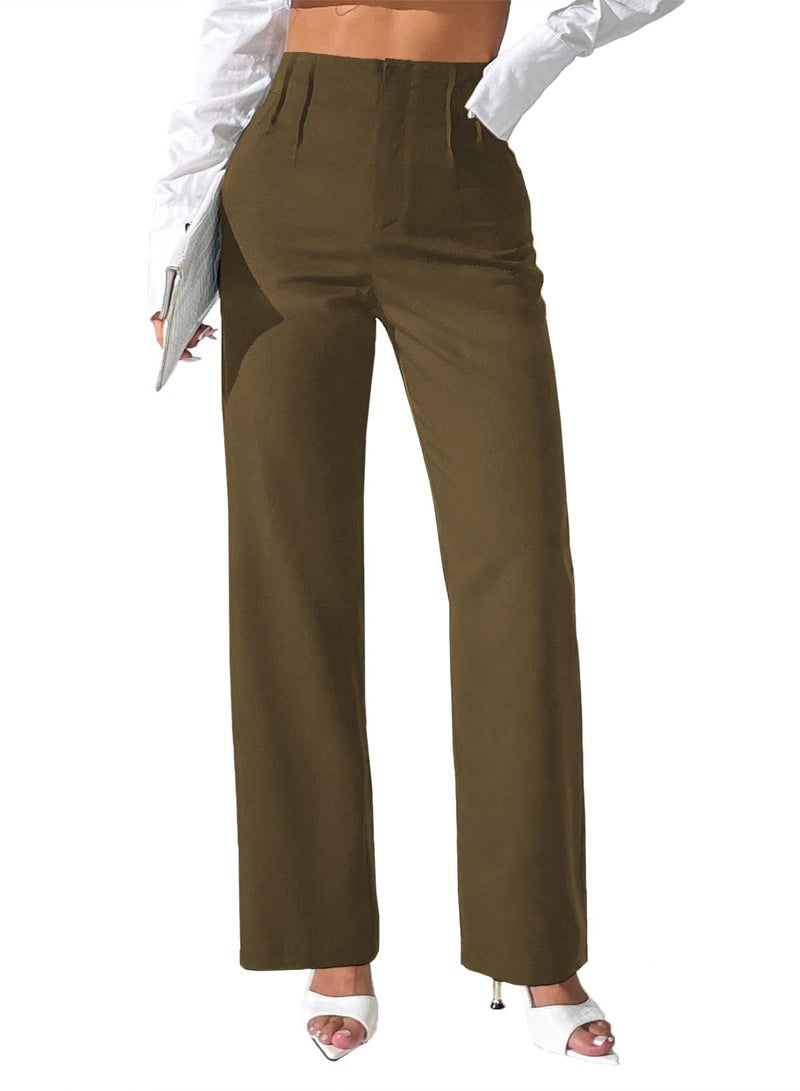 Pink Queen Womens Dress Pants Loose Fit for Work Business Casual Tall Trousers Pants for Women Stretchy High Waisted Dress Black Slacks Bootcut Straight Leg 2026 Brown M - Image 1