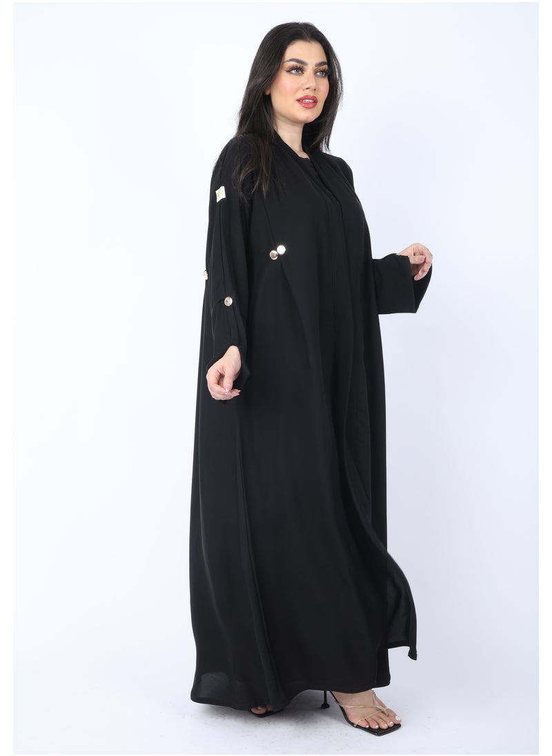 FULL JOY - Maxi, flared Abaya with a pleat at the back and golden buttons, Black - Image 1