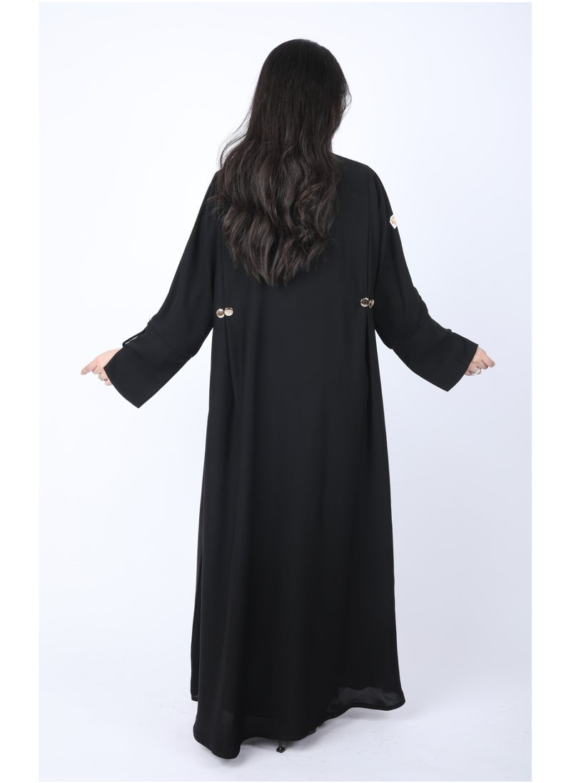 FULL JOY - Maxi, flared Abaya with a pleat at the back and golden buttons, Black - Image 1