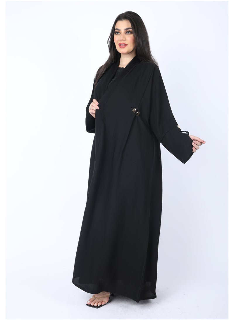 FULL JOY - Maxi, flared Abaya with a pleat at the back and golden buttons, Black - Image 1