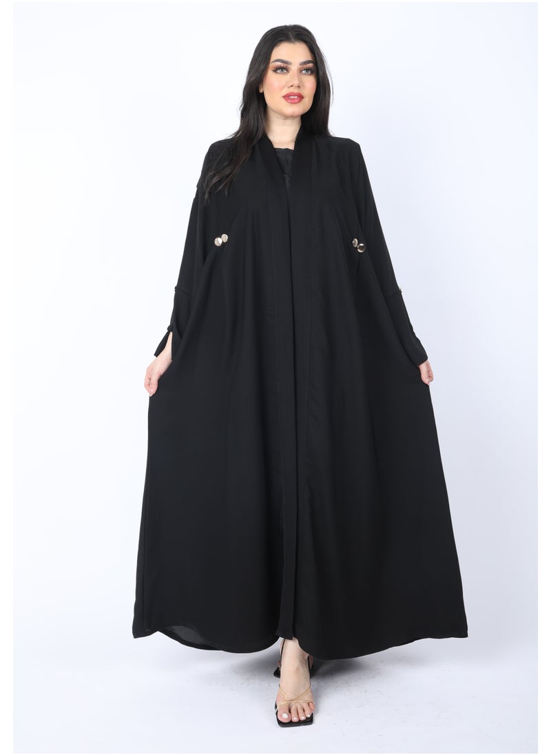 FULL JOY - Maxi, flared Abaya with a pleat at the back and golden buttons, Black - Image 1