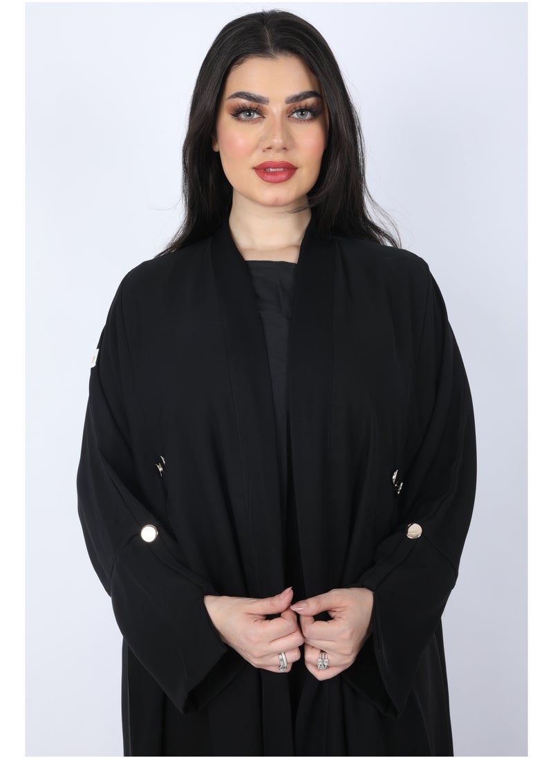 FULL JOY - Maxi, flared Abaya with a pleat at the back and golden buttons, Black - Image 1