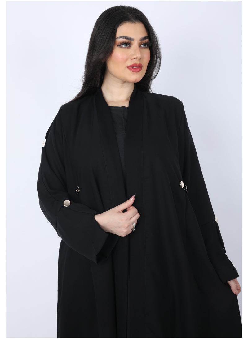 FULL JOY - Maxi, flared Abaya with a pleat at the back and golden buttons, Black - Image 1