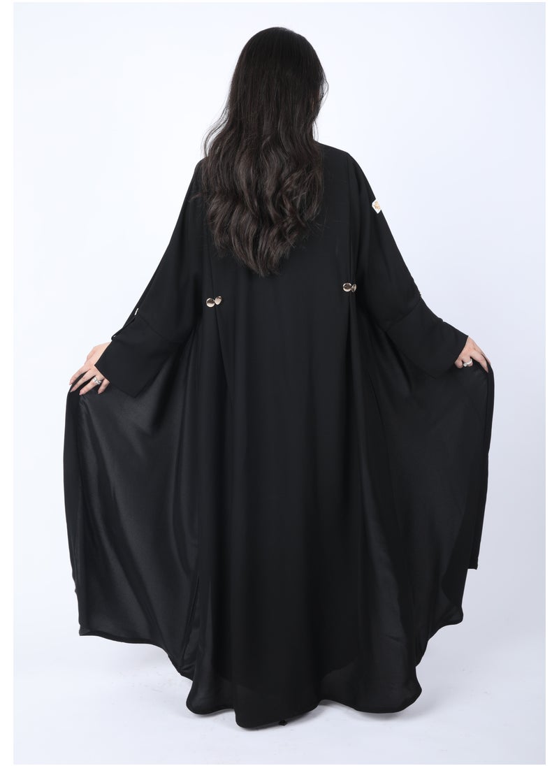 FULL JOY - Maxi, flared Abaya with a pleat at the back and golden buttons, Black - Image 1