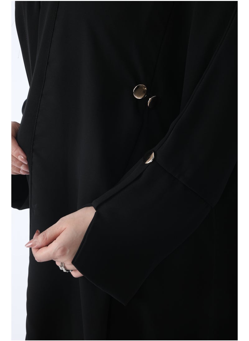 FULL JOY - Maxi, flared Abaya with a pleat at the back and golden buttons, Black - Image 1