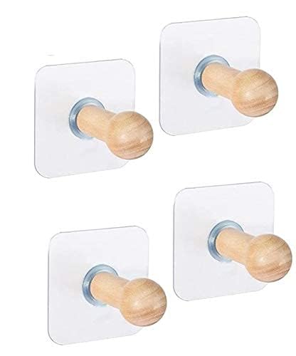 ADTALA Waterproof and Oil-proof Nail Free Wooden Adhesive Wall Hooks Utility for Towel, Bathrobe, Coat, Bathroom, Kitchen, Transparent -4 Pieces - Image 2