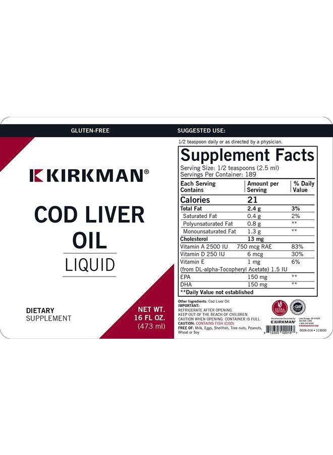 Kirkman Cod Liver Oil Liquid - Unflavored 16oz. - Image 3