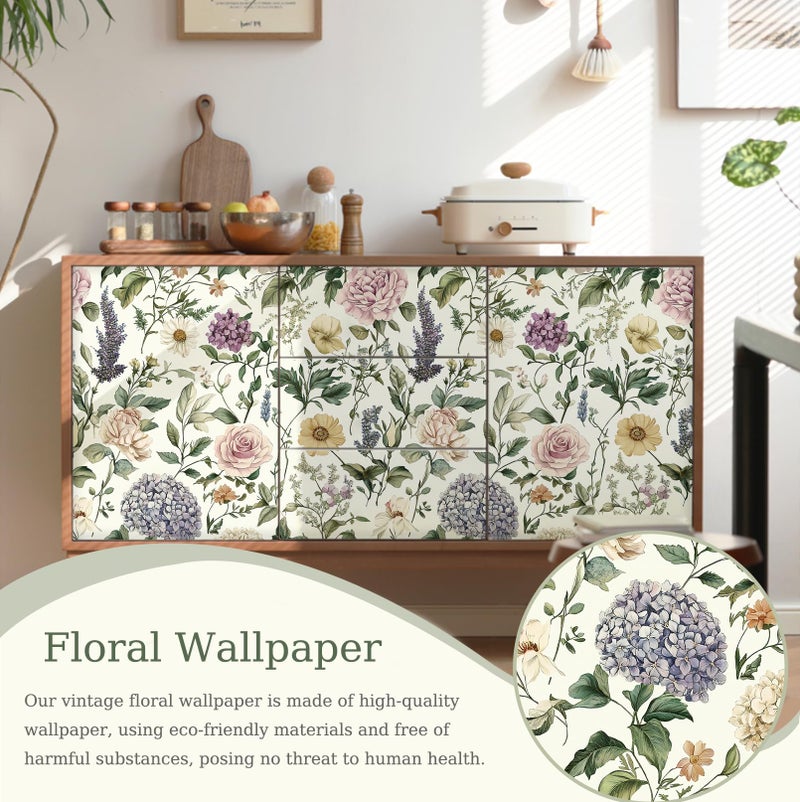 HeloHo Floral Peel and Stick Wallpaper Vintage Floral Contact Paper Boho Flower Botanical Wallpaper Removable Self Adhesive Farmhouse Wall Paper for Cabinets Bathroom Bedroom Vinyl 17.3"x78.7" - Image 4