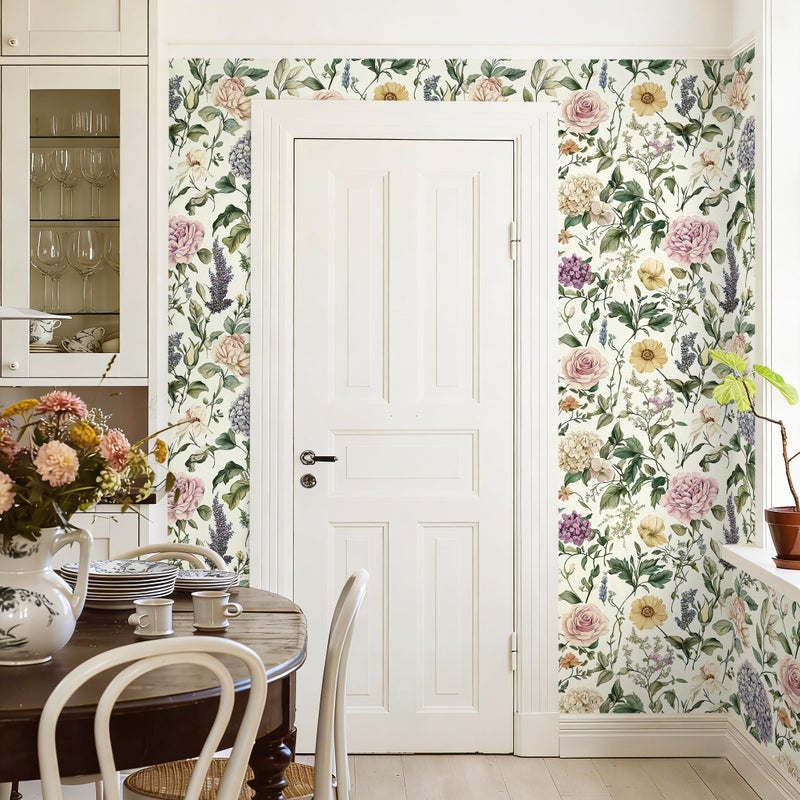HeloHo Floral Peel and Stick Wallpaper Vintage Floral Contact Paper Boho Flower Botanical Wallpaper Removable Self Adhesive Farmhouse Wall Paper for Cabinets Bathroom Bedroom Vinyl 17.3"x78.7" - Image 3