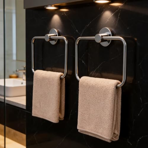 Well Set Stainless Steel Hand Towel Ring for Bathroom & Wash Basin | Wall Mounted Napkin Holder Stand for Kitchen & Home Use | Compact Square Design (Pack of 2, Chrome Finish) - Image 1