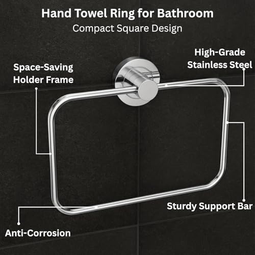 Well Set Stainless Steel Hand Towel Ring for Bathroom & Wash Basin | Wall Mounted Napkin Holder Stand for Kitchen & Home Use | Compact Square Design (Pack of 2, Chrome Finish) - Image 4