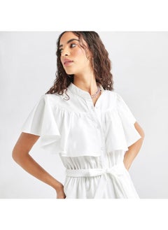 FAV Solid Maxi Dress with Ruffle Detail and Tie-up Belt  - Image 3