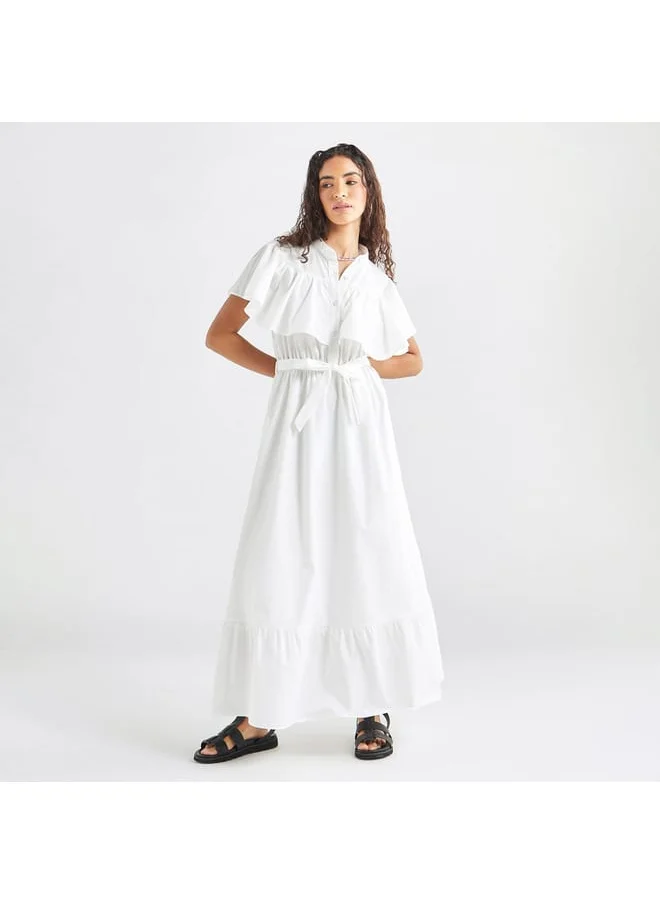 FAV Solid Maxi Dress with Ruffle Detail and Tie-up Belt