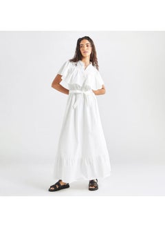 FAV Solid Maxi Dress with Ruffle Detail and Tie-up Belt  - Image 1