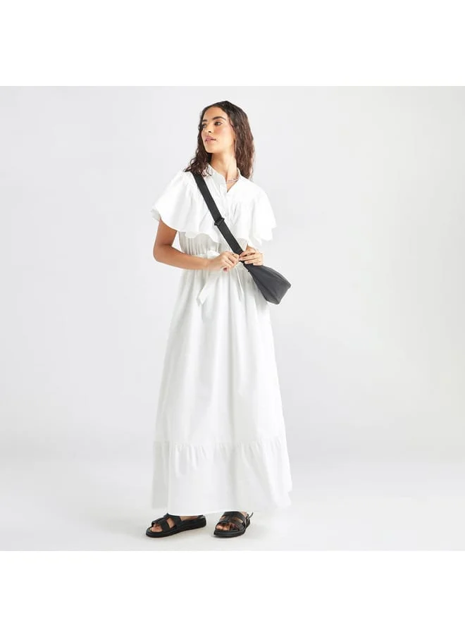 FAV Solid Maxi Dress with Ruffle Detail and Tie-up Belt