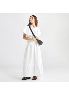 FAV Solid Maxi Dress with Ruffle Detail and Tie-up Belt  - Image 2