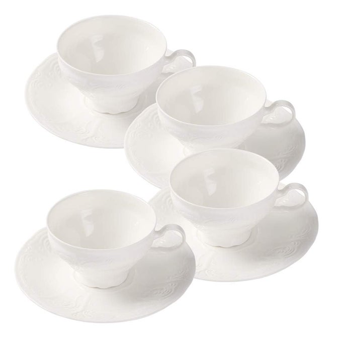 PULCHRITUDIE White Fine Porcelain 7 Oz Teacup Saucer Set, Sculpture Surface, Light Weight, Set of Four