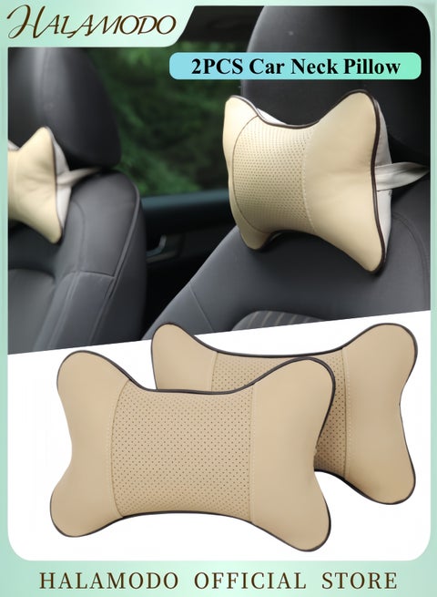 2PCS Car Neck Pillow Both Side Pu Leather Comfortable Soft Breathable Leather Car Head Neck Rest Cushion Relax Neck Support Headrest Pillows Fit for Most Cars Filled Fiber Universal Car Pillow
