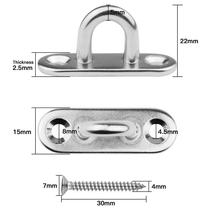 Excelfu 6 Pieces Stainless Steel 1.8 Inch Pad Eye Plate U Hooks + 6 Pieces Stainless Steel Snap Hook Marine Hardware Staple Loop With Screws - Image 2