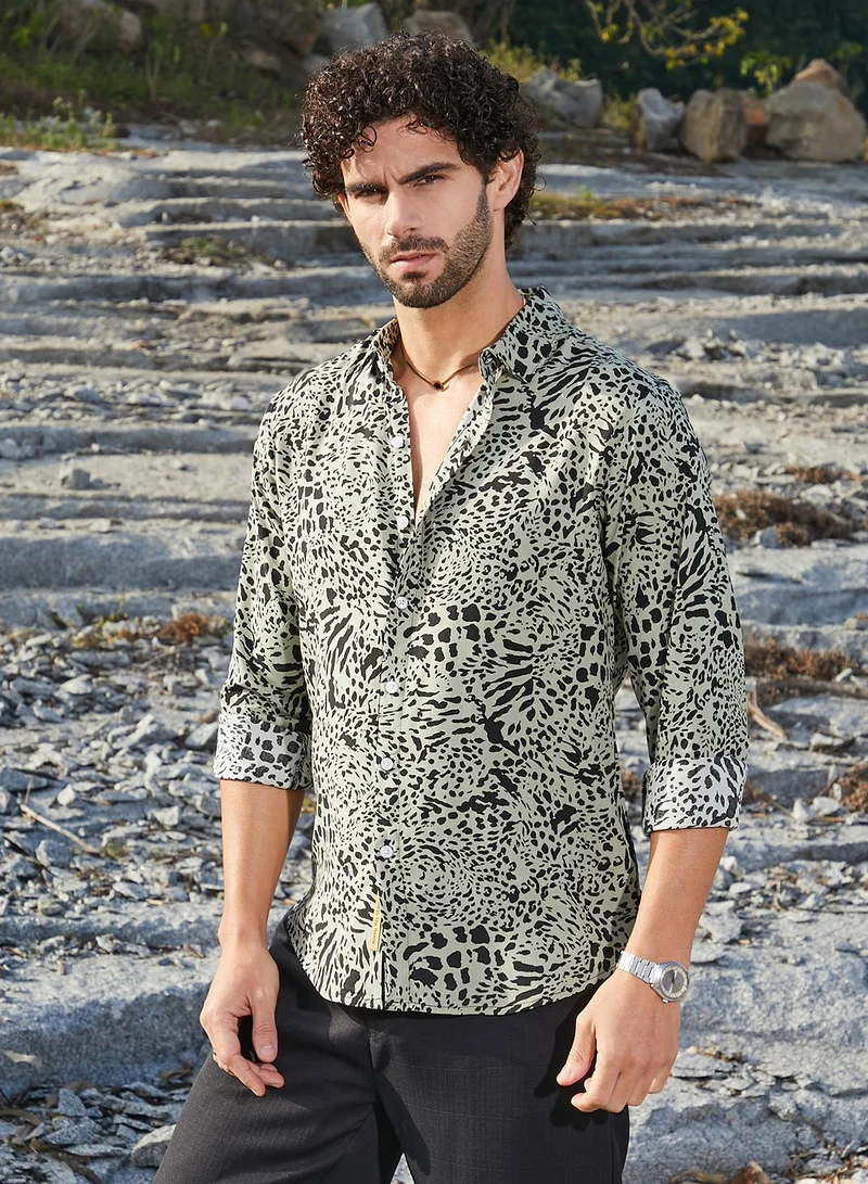 CAHOOT  Men's Onyx Black & Cream White Leopard Imprint Shirt for Men | Best Price UAE