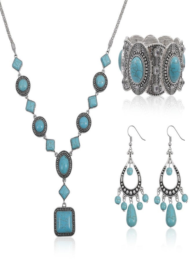 beinkmake 3pcs Bohemian Turquoise Set Women Western Jewelry Turquoise Pendant Necklace Western Turquoise Alloy Earrings Turquoise Bracelet for Women Western Boho Jewelry Set - Image 1