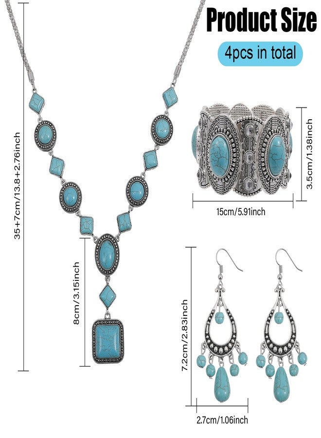 beinkmake 3pcs Bohemian Turquoise Set Women Western Jewelry Turquoise Pendant Necklace Western Turquoise Alloy Earrings Turquoise Bracelet for Women Western Boho Jewelry Set - Image 2