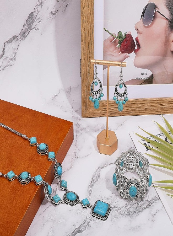 beinkmake 3pcs Bohemian Turquoise Set Women Western Jewelry Turquoise Pendant Necklace Western Turquoise Alloy Earrings Turquoise Bracelet for Women Western Boho Jewelry Set - Image 4