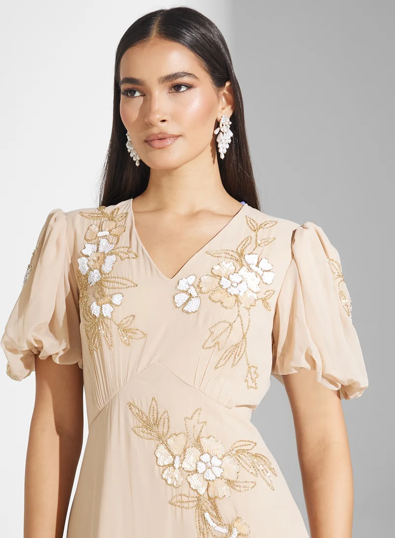 Frock and Frill Floral Applique Gown Dress
