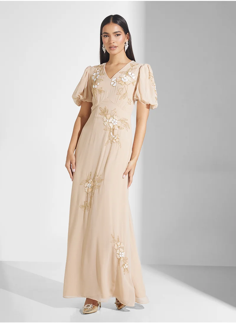 Frock and Frill Puff Sleeves Maxi Dress