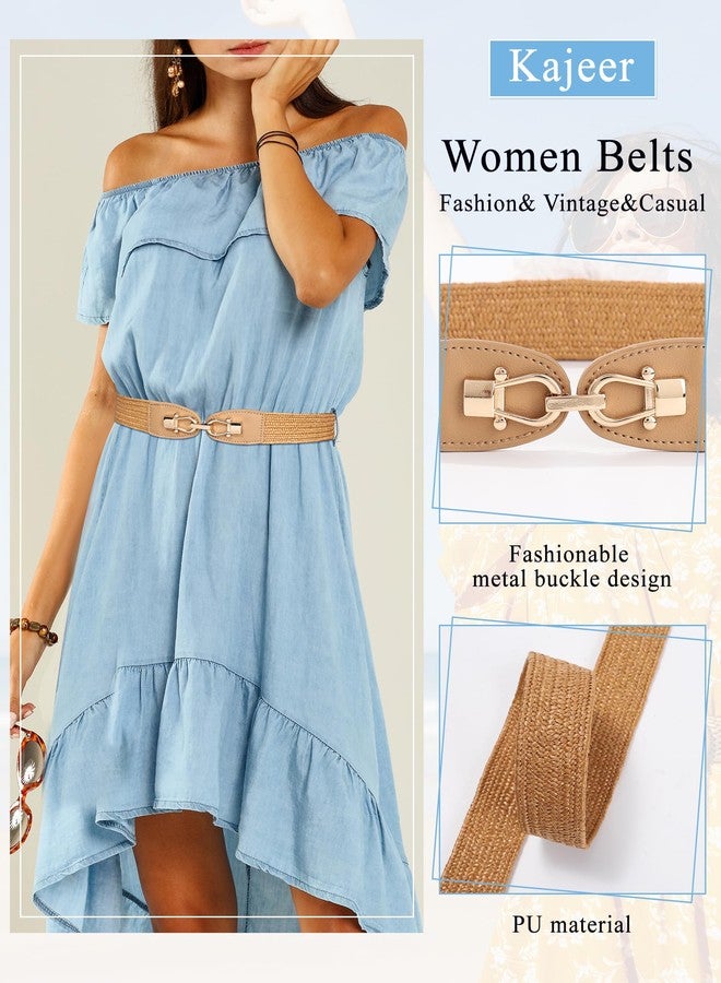 كاجير حزام كاجير النسائي بخصر مطاطي، قطعتان من حزام القش النسائي بإبزيم معدني، حزام بوهيمي مضفر يسمح بمرور الهواء، مناسب للفساتين والملابس الكاجوال - Image 5