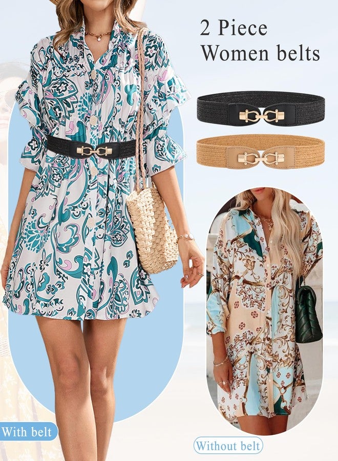 كاجير حزام كاجير النسائي بخصر مطاطي، قطعتان من حزام القش النسائي بإبزيم معدني، حزام بوهيمي مضفر يسمح بمرور الهواء، مناسب للفساتين والملابس الكاجوال - Image 3