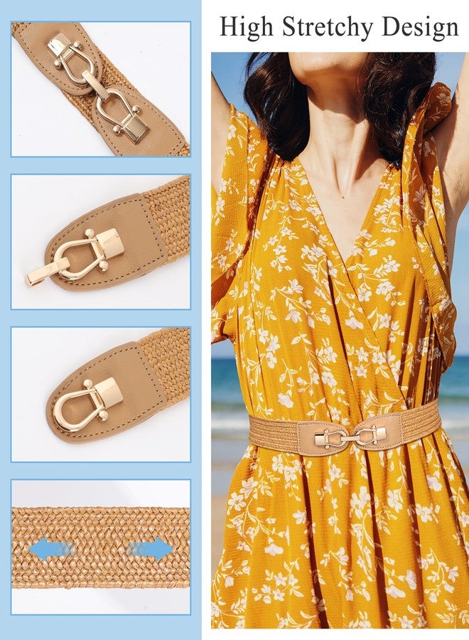 كاجير حزام كاجير النسائي بخصر مطاطي، قطعتان من حزام القش النسائي بإبزيم معدني، حزام بوهيمي مضفر يسمح بمرور الهواء، مناسب للفساتين والملابس الكاجوال - Image 2