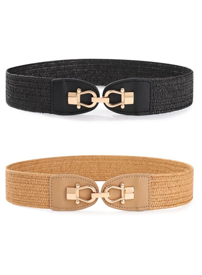 كاجير حزام كاجير النسائي بخصر مطاطي، قطعتان من حزام القش النسائي بإبزيم معدني، حزام بوهيمي مضفر يسمح بمرور الهواء، مناسب للفساتين والملابس الكاجوال - Image 1