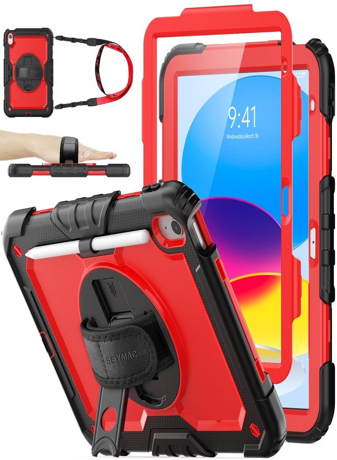 SEYMAC stock Case for iPad (A16) 11th/10th Generation 11''/10.9'' 2025/2022, Full-Body Drop Protection Case with Screen Protector &360° Rotate Hand Strap/Stand, Red+SiliconeBlack - Image 1
