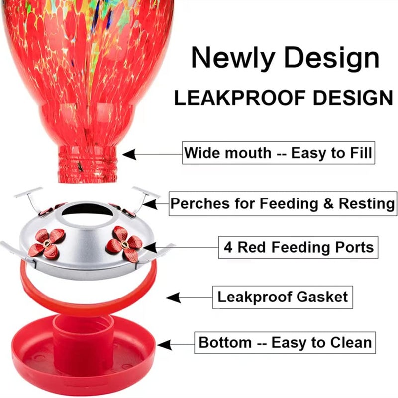 WOSIBO Hummingbird Feeder for Outdoors Patio Large 32 Ounces Colorful Hand Blown Glass Hummingbird Feeder with Ant Moat Hanging Hook, Rope, Brush and Service Card (Red-Sunrise) - Image 5