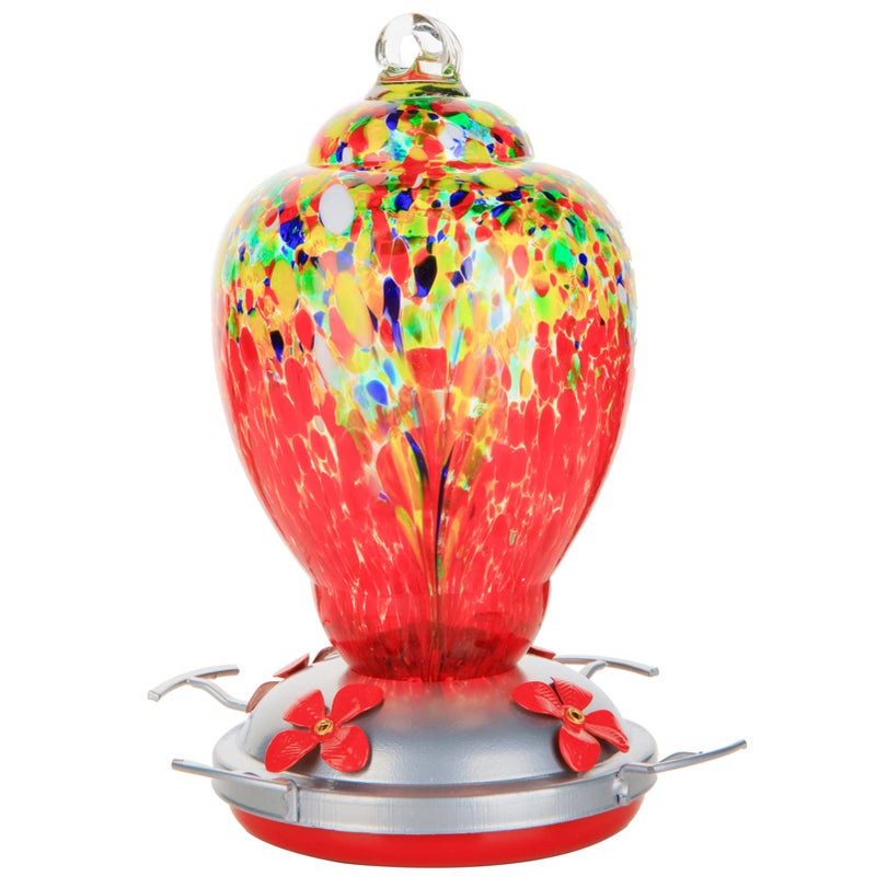 WOSIBO Hummingbird Feeder for Outdoors Patio Large 32 Ounces Colorful Hand Blown Glass Hummingbird Feeder with Ant Moat Hanging Hook, Rope, Brush and Service Card (Red-Sunrise) - Image 1