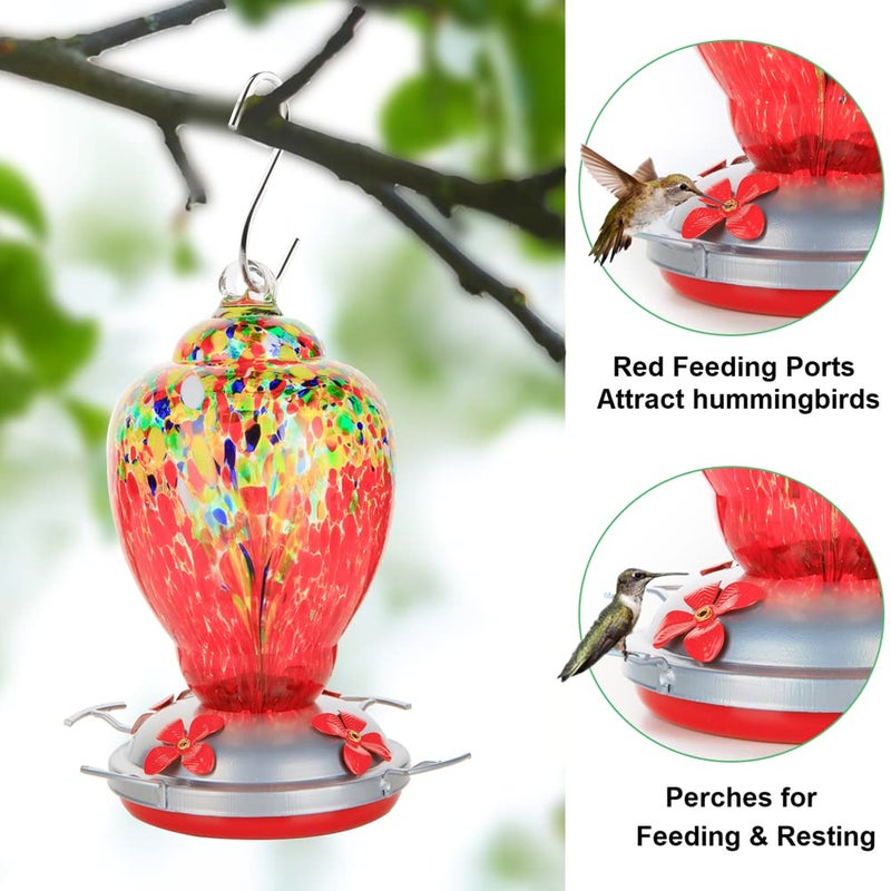 WOSIBO Hummingbird Feeder for Outdoors Patio Large 32 Ounces Colorful Hand Blown Glass Hummingbird Feeder with Ant Moat Hanging Hook, Rope, Brush and Service Card (Red-Sunrise) - Image 4