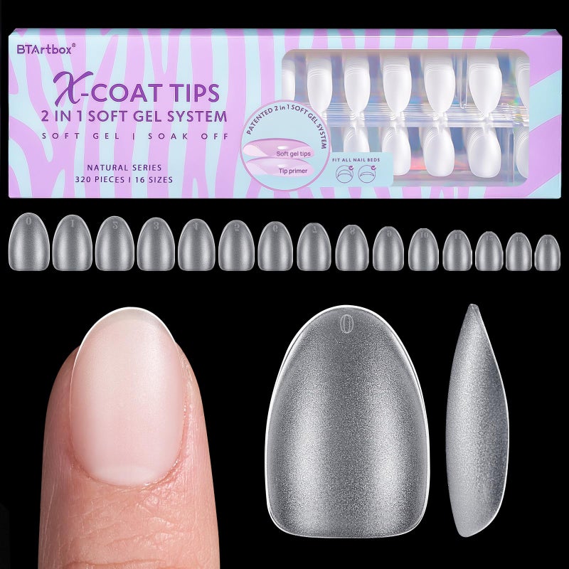 BTArtbox Extra Short Almond Nail Tips - BTArtbox Clear Gel Nail Tips Natural with Tip Primer Cover, Pre-shaped Full Matte Oval Gel Press On Nails Clear Soft Fake Nails for Daily Nail Art - Image 1