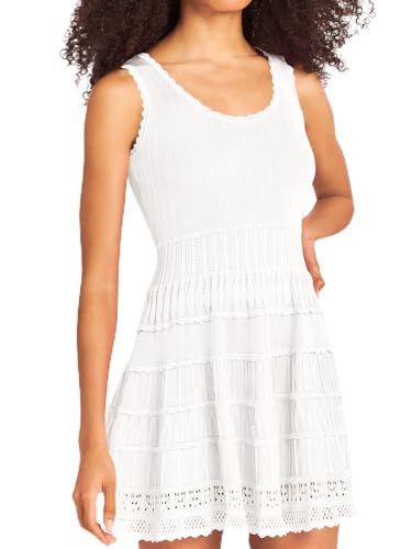 Fisoew Womens Summer Mini Dresses Casual Crewneck Knitted Crochet Hem Flowy Tank Sundress White - Image 1