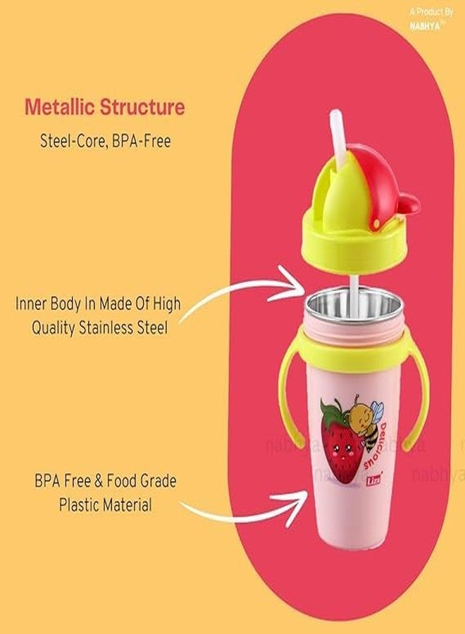 Zerya Stainless Steel 360ml BPA-Free Cute Animal Design Baby Sipper Kids Water Bottle with Straw and Side Handle for Kids (Pink) - Image 4