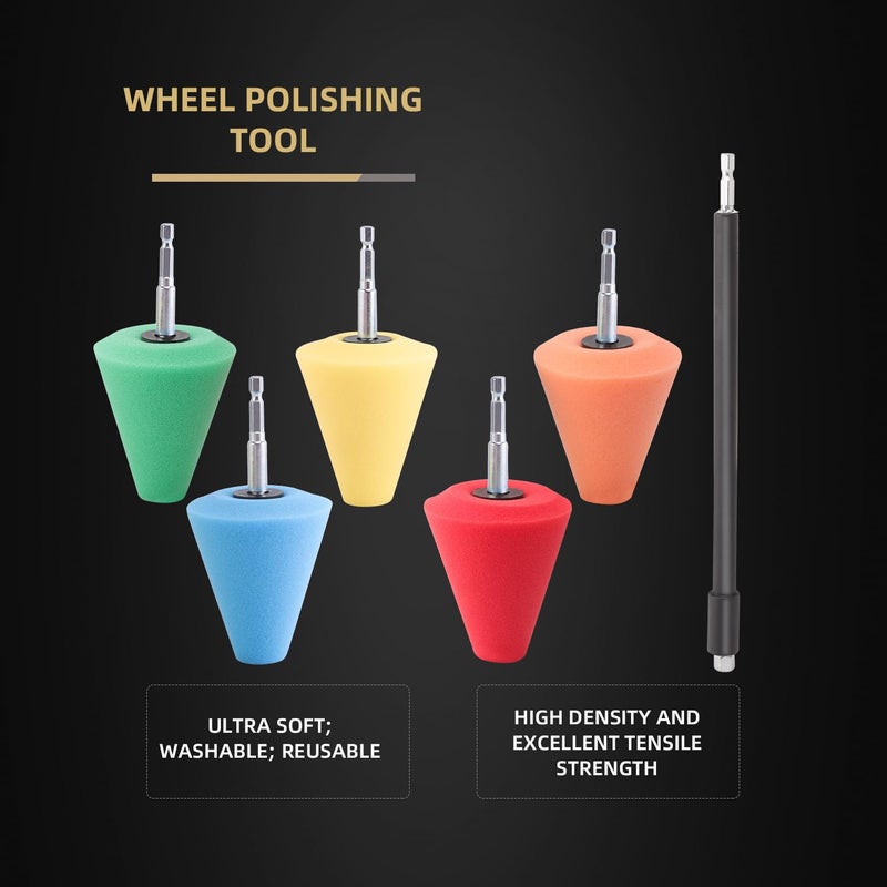SPTA Polishing Cone, SPTA Car Wheel Hub Drill Buffing Sponge Pads Kit, Polishing Ball, 5 Pack Car Buffers and Polishers Kit, Attaches to Standard Household Drill - Image 2