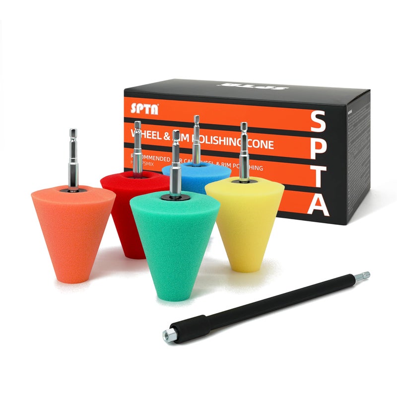 SPTA Polishing Cone, SPTA Car Wheel Hub Drill Buffing Sponge Pads Kit, Polishing Ball, 5 Pack Car Buffers and Polishers Kit, Attaches to Standard Household Drill - Image 1