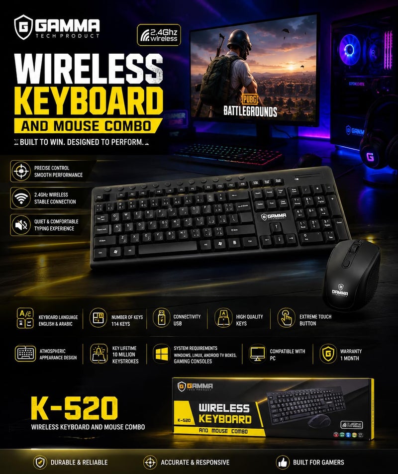 K-520 Wireless Keyboard & Mouse Combo, 2.4GHz Wireless, 104-Key Keyboard, 1000 DPI Optical Mouse, Plug & Play USB Receiver, Auto-Sleep Power Saving, Compatible with Windows, Linux & PCs – Black. - Image 4